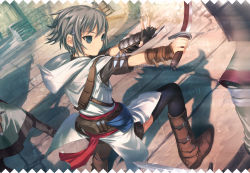 1girl ahoge alley altair_ibn_la-ahad assassin&#039;s_creed assassin&#039;s_creed_(series) battle belt black_thighhighs blue_eyes buckle cape day door earrings fighting gender_request genderswap hair_ornament hairclip concealed_weapon hidden_blade_(assassin&#039;s_creed) holding holding_sword holding_weapon hood jewelry knife outdoors robe short_hair solo_focus stairs stud_earrings sword templar thighhighs uni_(plastic_girl) vambraces weapon