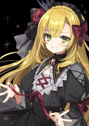 1boy absurdres black_background black_dress blonde_hair bow braid collared_dress crossdressing crown crown_braid dress flower frilled_hairband frills fuubuu gothic_lolita green_eyes grin hair_between_eyes hairband highres juliet_sleeves lolita_fashion long_hair long_sleeves looking_at_viewer male_focus nail_polish nijisanji official_alternate_costume official_alternate_hairstyle parted_lips puffy_sleeves red_nails red_ribbon ribbon rose smile solo teeth trap upper_body uzuki_kou uzuki_kou_(4th_costume) v-shaped_eyebrows virtual_youtuber wide_sleeves