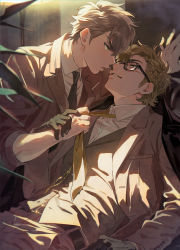 2boys absurdres ace_of_diamond belt black_belt black_coat black_gloves blouse braid brown_eyes brown_hair brown_jacket brown_pants brown_vest clothes_grab coat coat_on_shoulders collared_shirt eye_contact formal_clothes glasses gloves highres jacket looking_at_another male_focus miyuki_kazuya multiple_boys necktie necktie_grab neckwear_grab open_clothes open_jacket pants parted_lips sato_(sato_1_11) sawamura_eijun shirt short_hair sideburns smile suit unworn_coat vest white_shirt yaoi