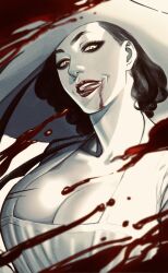 Rule 34 | 1girl, alcina dimitrescu, black eyeshadow, black hair, blood, blood on face, breasts, cleavage, colored skin, commentary request, evil smile, eyeshadow, film grain, hat, highres, huge breasts, licking lips, makeup, mature female, red lips, resident evil, resident evil village, smile, solo, tobo katsuo, tongue, tongue out, upper body, white hat, white skin, yellow eyes