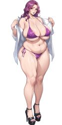 Rule 34 | bare shoulders, bikini, blouse, bracelet, breasts, code geass, collarbone, cornelia li britannia, curvy, high heels, highres, huge breasts, jewelry, legs together, long hair, mature female, nanabe 78, plump, purple bikini, purple eyes, purple hair, purple lips, shirt, simple background, stomach, swimsuit, thick thighs, thighs, wet, white background