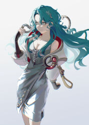 Rule 34 | 0gen3 illust, 1girl, bare shoulders, blue hair, breasts, cleavage, closed mouth, cowboy shot, dress, fang, fang out, green eyes, grey dress, hand up, highres, hissabeth, jacket, long hair, looking at viewer, medium breasts, off shoulder, pencil dress, red pupils, reverse:1999, short dress, slit pupils, smile, snake, snake on head, solo, spaghetti strap, very long hair, white background, white jacket