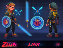 adapted_costume belt belt_pouch blue_eyes brown_hair commentary cyberpunk cyborg drone energy_sword english_commentary fingerless_gloves full_body gloves hat high_collar highres jacket link luigi_lucarelli master_sword mechanical_arms multiple_belts multiple_views navi neon_trim nintendo nose pants pointy_ears pouch shield shoes short_hair single_fingerless_glove single_glove single_mechanical_arm sleeves_pushed_up sneakers solo_focus sword the_legend_of_zelda the_legend_of_zelda:_ocarina_of_time triforce weapon young_link