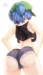 1girl alternate_costume ass ass_focus back bare_arms bare_shoulders belt black_tank_top blue_eyes blue_hair breasts cameltoe cowboy_shot crop_top crop_top_overhang cutoffs dated from_behind green_hat hair_bobbles hair_ornament hands_on_own_hips hat highres impossible_clothes impossible_shorts kawashiro_nitori large_breasts looking_at_viewer median_furrow pocket short_shorts shorts sideboob sideways_glance simple_background solo sunnysideup tank_top touhou two_side_up underboob