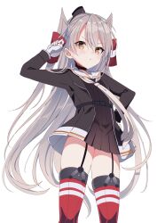Rule 34 | 1girl, amatsukaze (kancolle), amatsukaze kai ni (kancolle), arm up, blush, brown dress, brown eyes, commentary, dress, fathom, garter straps, gloves, grey hair, grey neckerchief, hair tubes, hand on own hip, hat, highres, horizontal-striped thighhighs, kantai collection, long sleeves, looking at viewer, mini hat, neckerchief, red thighhighs, sailor collar, sailor dress, short dress, simple background, single glove, smokestack hair ornament, solo, striped clothes, striped thighhighs, thighhighs, two side up, white background, white gloves, white sailor collar, zettai ryouiki