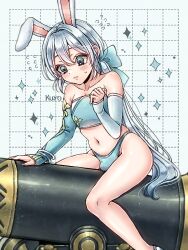 Rule 34 | 1boy, androgynous, animal ears, aqua bow, asymmetrical sleeves, bandeau, blue background, blue bandeau, blue eyes, blue nails, bow, bracelet, bulge, cannon, collarbone, commentary request, crossdressing, crossdressing (mtf), dragon quest, dragon quest x, feet out of frame, flying sweatdrops, frown, grid background, hair bow, hero (dq10), jewelry, kuro11 222, looking down, low ponytail, male focus, midriff, mismatched sleeves, navel, pectoral cleavage, pectorals, ponytail, rabbit boy, rabbit ears, sitting, skindentation, solo, sparkle, sweatdrop, thong, trap, white hair