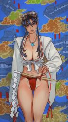 1girl absurdres architecture areola_slip blue_eyes blue_hair breasts east_asian_architecture fundoshi goggles goggles_on_head hair_censor hand_on_own_hip highres japanese_clothes jewelry large_breasts long_hair long_sleeves looking_at_viewer mossacannibalis necklace nontraditional_miko parted_lips short_sword sidelocks solo standing sword tantou tengai thigh_gap togashi_koyori tomoe_(symbol) weapon