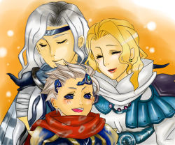 1990s_(style) age_difference blonde_hair blue_eyes cape cecil_harvey ceodore_harvey couple earrings closed_eyes family father_and_son final_fantasy final_fantasy_iv final_fantasy_iv:_the_after_years headband husband_and_wife jewelry long_hair mother_and_son robe rosa_farrell scarf short_hair shoulder_pads silver_hair sora0117