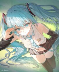 1girl aqua_eyes aqua_hair detached_sleeves grass grey_shirt hatsune_miku highres long_hair looking_at_viewer luna_(luna610) on_grass parted_lips shirt sleeveless sleeveless_shirt solo twintails very_long_hair vocaloid