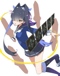 1girl bag bare_legs black_footwear black_hair blue_ribbon boots card cygames floating floating_object hair_between_eyes hair_ribbon highres isei_sei knee_boots knot long_bangs long_sleeves miki_shinobu_(shadowverse_flame) miniskirt one_eye_covered open_mouth pleated_skirt ribbon sailor_collar sailor_shirt serious shadowverse shadowverse_(anime) shadowverse_flame shirt shoulder_bag skirt yellow_eyes