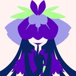 Rule 34 | 1girl, black hair, covered eyes, dress, flat color, flower, flower on head, hand up, highres, index finger raised, leaf, limited palette, long hair, maskin mei, minimalism, no eyes, no lineart, portrait, print dress, purple dress, purple flower, purple lips, silhouette, simple background, smile, solo, touhou, white background, yomotsu hisami