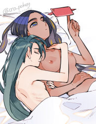Rule 34 | 2girls, blue eyes, breasts, closed eyes, geeta (pokemon), gen 4 pokemon, green hair, hair down, hand on own stomach, index finger raised, long hair, lying, multiple girls, nintendo, nipples, nude, on back, pillow, pokemon, pokemon sv, ribs, rika (pokemon), rotom, rotom phone, shougo-akira, signature, twitter username, under covers, upper body, yuri