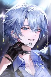 Rule 34 | 1boy, absurdres, black gloves, black jacket, blue eyes, blue hair, collared shirt, commentary, gloves, hair between eyes, half gloves, highres, honkai: star rail, honkai (series), jacket, looking at viewer, maikang0987, male focus, microphone, open clothes, open jacket, parted lips, phainon (honkai: star rail), portrait, shirt, short hair, solo, sparkle, symbol-only commentary, watermark, white shirt, wing collar