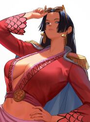 Rule 34 | 1girl, black hair, blue eyes, boa hancock, breasts, cleavage, closed mouth, commentary, earrings, english commentary, epaulettes, eyewear on head, fingernails, hand on own hip, highres, hitomazuk, jewelry, large breasts, lips, long hair, long sleeves, looking at viewer, midriff, navel, one piece, pink lips, simple background, snake earrings, solo, stomach, sunglasses, white background