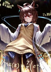 Rule 34 | 1girl, absurdres, agnes tachyon (umamusume), ahoge, animal ears, bandolier, belt, black pantyhose, black shirt, brown hair, calculus, chemical structure, commentary request, corked bottle, cowboy shot, dark background, earrings, equation, eye trail, grin, hair between eyes, highres, horse ears, horse girl, jewelry, lab coat, light trail, long sleeves, looking at viewer, manjo (warito), math, pantyhose, physics, red eyes, shirt, short hair, single earring, sleeves past fingers, sleeves past wrists, smile, solo, teeth, test tube, umamusume