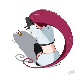 Rule 34 | 1girl, black boots, black gloves, boots, cat shadow puppet (meme), commentary request, cropped jacket, earrings, elbow gloves, full body, gen 1 pokemon, gloves, highres, jacket, jessie (pokemon), jewelry, long hair, meme, meowth, nintendo, pokemon, pokemon (anime), red hair, signature, skirt, solo, squatting, thigh boots, white jacket, white skirt, zitome i