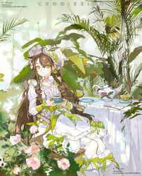 1girl absurdres ahoge ai_sike_lao_de bonnet brown_hair center_frills closed_mouth commission cup day dress feet_out_of_frame frills green_ribbon highres holding holding_saucer long_hair long_sleeves looking_at_viewer original outdoors plant ribbon saucer sitting smile solo table teacup teapot white_dress