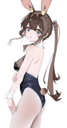 Rule 34 | 1girl, absurdres, amiya (arknights), animal ears, arknights, backless leotard, black leotard, blue eyes, breasts, brown hair, cowboy shot, from side, highres, leotard, long hair, looking at viewer, looking to the side, medium breasts, parted lips, playboy bunny, ponytail, rabbit ears, rabbit girl, rabbit tail, shenmi de xigua, sidelocks, solo, tail, wrist cuffs