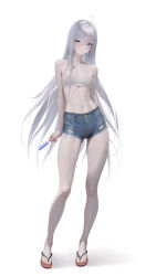 Rule 34 | 1girl, absurdres, arm behind back, blue eyes, blue shorts, breasts, cleavage, closed mouth, covered erect nipples, crop top, denim, denim shorts, expressionless, flip-flops, food, full body, highres, holding, holding food, holding popsicle, long hair, looking at viewer, midriff, navel, nipples, no bra, nyarko, popsicle, sandals, shibou yuugi de meshi o kuu, shirt, short shorts, shorts, simple background, small breasts, solo, stomach, sweat, very long hair, wet, wet clothes, wet shirt, white background, white hair, white shirt, yuuki (shibou yuugi)