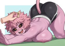 1girl :d all_fours antennae ashido_mina black_sclera black_shorts boku_no_hero_academia breasts cat_tail colored_sclera commentary disembodied_hand dolphin_shorts english_commentary fake_tail hand_on_another&#039;s_head highres large_areolae large_breasts melonpuff nipple_piercing nipples open_mouth petting piercing pink_hair short_hair shorts smile solo_focus sweat tail teeth topless_female yellow_eyes