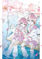 absurdres ahoge alternate_hair_color bare_shoulders barefoot bass_clef bow cherry_blossoms falling_petals flower grey_eyes hair_between_eyes hair_ornament hairclip head_tilt headphones headset highres kagamine_len kagamine_rin kirawa0 leaning_on_person leaning_to_the_side leg_warmers looking_at_viewer lower_teeth_only necktie number_tattoo on_swing open_mouth pearl_hair_ornament petals pink_bow pink_flower pink_hair pink_necktie pink_petals pink_sailor_collar pink_shorts ponytail puffy_shorts reflection reflective_water ripples sailor_collar sakura_len sakura_rin see-through_clothes see-through_legwear see-through_sleeves shirt short_hair short_ponytail short_sleeves shorts shoulder_tattoo sitting sleeveless sleeveless_shirt smile soaking_feet swept_bangs swing tattoo teeth treble_clef upper_teeth_only vocaloid waving_arm wavy_hair white_bow white_shirt
