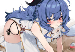 1girl all_fours alternate_hairstyle bare_shoulders blue_hair blush breasts china_dress chinese_clothes cup dress ganyu_(genshin_impact) genshin_impact horns long_hair looking_at_viewer medium_breasts nigo_(aozoragarou) plate purple_eyes see-through_clothes side-tie sidelocks solo thighhighs very_long_hair wet wet_clothes white_dress white_thighhighs