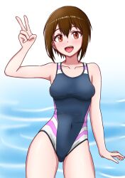 1girl black_one-piece_swimsuit brown_eyes brown_hair collarbone commentary_request competition_swimsuit covered_navel digimon digimon_adventure_tri. highres mmedium_breasts multicolored_one-piece_swimsuit one-piece_swimsuit short_hair solo standing swimsuit v withlike yagami_hikari