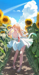 1girl absurdres alternate_costume alternate_hairstyle arm_tattoo blonde_hair blue_sky breasts cleavage closed_eyes cloud cloudy_sky dress facing_viewer floating_hair flower full_body genshin_impact highres leg_tattoo open_mouth outdoors sandals sazanami_(re_n_rentaro) sky sleeveless sleeveless_dress smile standing sunflower tattoo white_dress white_sandals yoimiya_(genshin_impact)