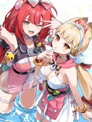 2girls :3 ahoge alice_thymefield alice_thymefield_(sea_of_thyme) animal_ears arm_up armpits blonde_hair blush bracelet braid braided_bangs braided_twintails breasts camera camera_around_neck cleavage eretto eyewear_on_head facial_mark from_above gradient-tinted_eyewear green_eyes hand_to_own_mouth hand_up hearing_aid heart heart-shaped_eyewear heart_facial_mark heterochromia highres jewelry long_hair looking_at_viewer low_twin_braids low_twintails multiple_girls nail_polish ocean official_alternate_costume one-piece_swimsuit one_eye_closed open_mouth outdoors partially_submerged pink_one-piece_swimsuit rabbit_ears rabbit_girl reaching reaching_towards_viewer red_eyes red_hair selfie smile sphere_hair_ornament swimsuit thigh_strap tinted_eyewear twin_braids twintails two-tone_one-piece_swimsuit ukinami_yuzuha ukinami_yuzuha_(tanuki_in_broad_daylight) v very_long_hair water white_one-piece_swimsuit yellow_eyes zenless_zone_zero