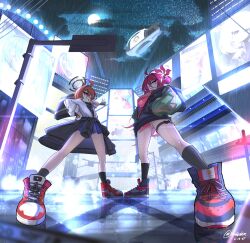 Rule 34 | 2girls, ahoge, aircraft, black halo, blue archive, braid, breasts, china dress, chinese clothes, clothes around waist, dirigible, dress, feet, foot focus, foreshortening, from below, hair between eyes, hair bun, halo, highres, jacket, letterman jacket, long hair, looking down, mole, mole under eye, multiple girls, neru (blue archive), neru (school uniform) (blue archive), night, nyahiro, orange hair, outdoors, perspective, pleated skirt, rain, red dress, red eyes, red hair, red halo, red shoes, reijo (blue archive), school uniform, shirt, shoelaces, shoes, single braid, single side bun, skirt, sneakers, thigh strap, white shirt, white shoes
