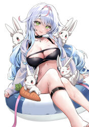 1girl absurdres barefoot bikini black_bikini black_choker breasts choker cleavage closed_mouth commission green_eyes highres indie_virtual_youtuber innertube jacket large_breasts leg_belt long_hair looking_at_viewer multicolored_hair open_clothes open_jacket rabbit simple_background sitting skeb_commission smile solo streaked_hair swim_ring swimsuit tate_yukimi tsukimachi_towa very_long_hair virtual_youtuber wet white_background white_hair white_jacket