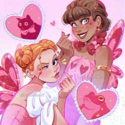 Rule 34 | 2girls, artist name, black cat, brown hair, cat, dark-skinned female, dark skin, double bun, dress, frog, gold armlet, gradient hair, grey eyes, hair bun, heart, highres, letter, looking at viewer, luztapiaart, multicolored hair, multiple girls, one eye closed, orange hair, original, peyton (luztapiaart), red dress, red hair, roya (luztapiaart), skirt, two-tone hair, valentine, watermark, white skirt