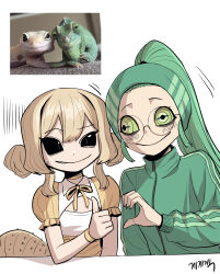 2girls asymmetrical_eyes black_eyes blonde_hair chameleon chameleon_girl cleavage_cutout clothing_cutout creature_and_personification double_bun dress elbows_on_table gecko gegegekman glasses green_eyes green_hair green_jacket hair_between_eyes hair_bun heart_hands_failure high_ponytail highres jacket lizard_tail long_hair looking_at_viewer multiple_girls neck_ribbon original personification photo_inset ponytail puffy_short_sleeves puffy_sleeves reference_inset reptile_girl ribbon ringed_eyes short_sleeves signature slit_pupils smile sweatdrop tail thumbs_up track_jacket white_background