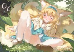 1girl animal_ears arknights artist_name blonde_hair blue_hairband blue_skirt bow bowtie brown_shoes cardigan cloneko_(zelmeledf2) closed_eyes collared_shirt commentary_request commission crying dress_shirt fox_ears fox_girl fox_tail frilled_hairband frills full_body hair_ornament hair_scrunchie hairband highres kitsune kyuubi loafers loli long_hair long_sleeves luo_xiaohei luo_xiaohei_(cat) luo_xiaohei_zhanji multicolored_hair multiple_tails open_cardigan open_clothes open_mouth pee pee_stain peed_self red_bow red_bowtie scrunchie shirt shoes sitting skeb_commission skirt solo suzuran_(arknights) suzuran_(spring_praise)_(arknights) tail two-tone_hair upskirt variant_set very_long_hair white_cardigan white_hair white_scrunchie white_shirt