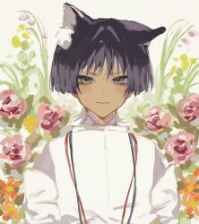 1boy absurdres alternate_skin_color animal_ear_fluff animal_ears arms_at_sides ayu_kawa black_hair blunt_ends blush cat_boy cat_ears choppy_bangs closed_mouth clothing_cutout dark-skinned_male dark_skin eyeliner eyeshadow flower genshin_impact grass grey_eyes highres japanese_clothes kariginu kimono looking_at_viewer makeup male_focus orange_flower outdoors pink_flower pink_rose purple_kimono purple_sleeves red_eyeliner red_eyeshadow rose scaramouche_(genshin_impact) scaramouche_(kabukimono)_(genshin_impact) shoulder_cutout sketch solo string tsurime upper_body white_background white_sleeves yellow_flower