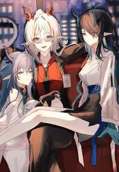 3girls ambience_synesthesia arknights black_hair blue_eyes blue_hair blue_ribbon dragon_girl dragon_horns dusk_(arknights) dusk_(everything_is_a_miracle)_(arknights) earrings highres horns jewelry ling_(arknights) looking_at_viewer multicolored_hair multiple_girls necktie nian_(arknights) nyapre pointy_ears purple_eyes red_eyes ribbon siblings sisters streaked_hair tassel tassel_earrings white_hair