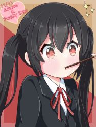 1girl 1other absurdres beenyan_1203 black_hair black_jacket blazer brown_eyes character_name collared_shirt commentary_request dated food_in_mouth hair_between_eyes highres jacket k-on! long_hair mouth_hold nakano_azusa neck_ribbon pocky_day red_ribbon ribbon sakuragaoka_high_school_uniform school_uniform shirt sidelocks solo_focus twintails upper_body white_shirt