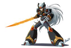 Rule 34 | 1boy, absurdres, android, armor, artist name, black armor, black helmet, chest jewel, dauntedx, energy blade, energy sword, evil grin, evil smile, fake zero (mega man), forehead jewel, full body, grey hair, grin, helmet, highres, holding, holding sword, holding weapon, long hair, looking at viewer, male focus, mega man (series), mega man x2, mega man x (series), ponytail, shoulder armor, simple background, smile, solo, standing, sword, weapon, white background, z saber