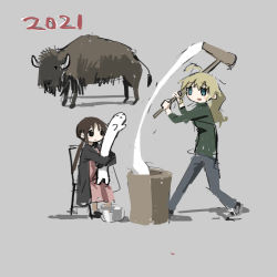 2021 2girls ahoge blonde_hair brown_hair buffalo chito_(shoujo_shuumatsu_ryokou) food grey_background highres holding holding_mallet kine long_hair mallet mochi multiple_girls nuko_(shoujo_shuumatsu_ryokou) open_mouth school_uniform short_hair shoujo_shuumatsu_ryokou simple_background sketch smile tsukumizu_yuu yuuri_(shoujo_shuumatsu_ryokou)