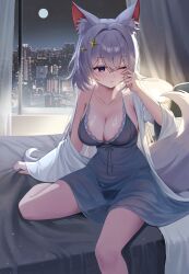 Rule 34 | 1girl, absurdres, animal ear fluff, animal ears, bare shoulders, blue eyes, breasts, cityscape, cleavage, closed mouth, commission, dress, estelle (lj), fox ears, fox tail, full moon, grey dress, grey hair, hair ornament, highres, indoors, lace trim, large breasts, looking down, medium hair, moon, off shoulder, one eye closed, original, shant 07, sleeveless, sleeveless dress, solo, spaghetti strap, tail