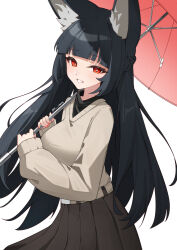 1girl alternate_costume animal_ear_fluff animal_ears black_hair black_shirt black_skirt blush casual commentary fingernails fox_ears fox_girl grey_sweater grin holding holding_umbrella hoshimi_miyabi long_hair long_sleeves parasol pleated_skirt red_eyes red_nails shirt simple_background skirt sleeves_past_wrists smile solo sweater twitter_username umbrella white_background xsan_vanny zenless_zone_zero
