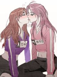 Rule 34 | 2girls, absurdres, black pants, black shorts, blush, breath, brown hair, closed eyes, commentary request, crazy be, crop top, french kiss, highres, kiss, korean commentary, long hair, long sleeves, midriff, multiple girls, original, pants, pink hair, pink shirt, purple shirt, shirt, shorts, simple background, tongue, tongue out, white background, yuri