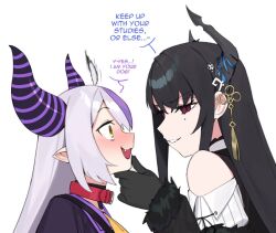 2girls animal_collar asymmetrical_horns black_gloves black_hair black_horns black_jacket blush clothing_cutout coat collar collared_shirt dasdokter demon_horns dress_shirt english_text fang feather-trimmed_jacket flower_knot gloves grey_hair grin hair_between_eyes hair_ornament hand_on_another&#039;s_chin hololive hololive_english horns jacket la+_darknesss la+_darknesss_(1st_costume) long_hair long_sleeves looking_at_another mole mole_under_eye multicolored_hair multiple_girls neckerchief nerissa_ravencroft nerissa_ravencroft_(1st_costume) nose_blush open_mouth pointy_ears purple_coat purple_hair red_collar red_eyes ribbed_shirt shirt shoulder_cutout sidelocks simple_background slit_pupils smile speech_bubble straight_hair streaked_hair striped_horns tassel tassel_hair_ornament uneven_horns virtual_youtuber white_background white_shirt yellow_eyes yellow_neckerchief yuri
