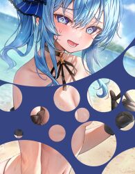 @_@ absurdres beach black_gloves breasts bubble_filter ebihurai film_grain gloves highres hololive hoshimachi_suisei ocean side_ponytail small_breasts topless_female upper_body virtual_youtuber