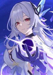 1girl absurdres akiyu_(skggdo) bare_shoulders breasts dress genshin_impact grey_hair hair_ornament highres long_hair looking_at_viewer medium_breasts red_eyes skirk_(genshin_impact) solo upper_body white_dress