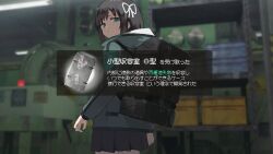 Rule 34 | 1girl, backpack, bag, black skirt, commentary request, crate, green eyes, highres, industrial pipe, jacket, looking back, lost property control organization (samidare), ofuda, partial commentary, pleated skirt, protagonist (lost property control organization), ribbon, samidare (hoshi), shelf, sign, skirt, translation request, warning sign, white ribbon