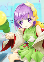 Rule 34 | 1girl, absurdres, arm support, bare arms, barefoot, blush, bow, breasts, dango, dress, fate/grand order, fate (series), food, frilled kimono, frills, full body, green kimono, hair bow, hair ornament, highres, holding, holding food, holding skewer, inflatable toy, japanese clothes, kazuradrop (fate), kazuradrop (first ascension) (fate), kimono, kimono dress, looking at viewer, mitarashi dango, outstretched arm, outstretched hand, purple eyes, purple hair, reaching, reaching towards viewer, rubber duck, short hair, short kimono, sitting, skewer, small breasts, smile, solo, thighs, unadonna807, wagashi, wide sleeves, yellow bow
