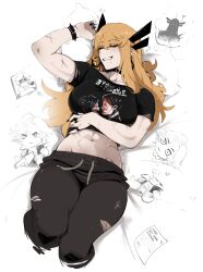 1girl abs absurdres band_shirt biceps blonde_hair character_doll cropped_legs doll drooling highres implied_yuri lipstick_mark lipstick_mark_on_photo luna_snow magik_(x-men) marvel marvel_rivals masoq merchandise muscular muscular_female my_chemical_romance navel pants photo_(object) scar scars_all_over shirt sleeping smile solo stomach sweatpants too_many torn_clothes torn_shirt x-men