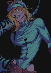 Rule 34 | argyle clothes, argyle sweater, blonde hair, blue eyes, blue helmet, blue sweater, commentary request, diego brando, dinosaur tail, fangs, grin, helmet, highres, jojo no kimyou na bouken, looking at viewer, male focus, medium hair, rrrrmiuh, scary monsters (stand), smile, stand (jojo), steel ball run, sweater, tail, turtleneck, turtleneck sweater, upper body