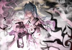 1girl absurdres arknights artist_name black_gloves black_shirt chinese_commentary chouchouhei closed_mouth commentary_request cowboy_shot earrings gloves grey_hair hand_on_own_hip head_wings highres holding holding_lantern irene_(arknights) jewelry lantern long_hair looking_at_viewer outdoors purple_skirt rain scar scar_across_eye scar_on_face shirt skirt solo sword weapon wings